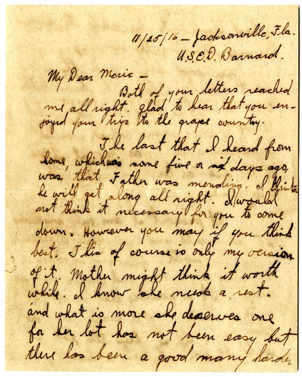 Letter from Algy Knox Bevins to Merie Rieck - November 25, 1916