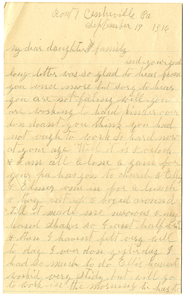 Letter from Olive Fish to Minnie Bevins- September 17, 1916