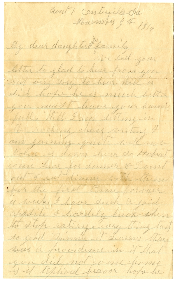 Letter from Olive Fish to Minnie Bevins - November 9, 1916