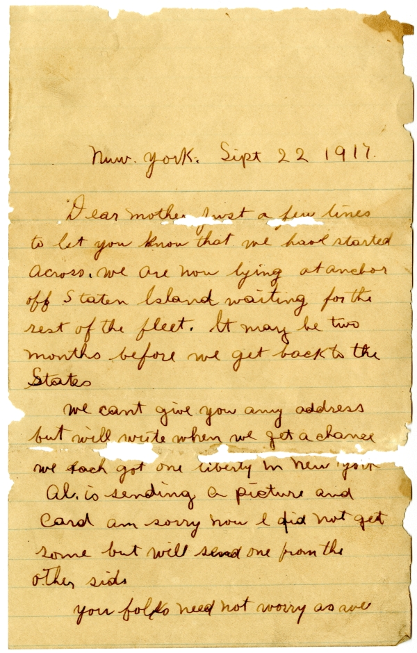 Letter from Arthur Lee Bevins to Minnie Bevins - September 22, 1917