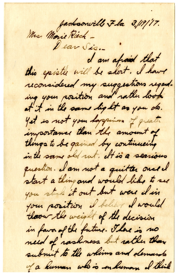 Letter from Algy Knox Bevins to Merie Rieck - March 19, 1917