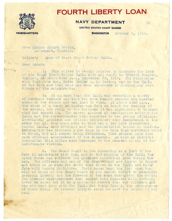 Letter from Ellsworth P. Bertholf to Minnie Bevins - October 8, 1918