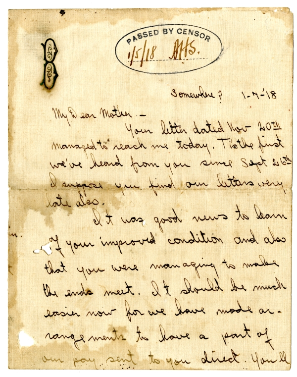 Letter from Algy Knox Bevins to Minnie Bevins - January 7, 1918