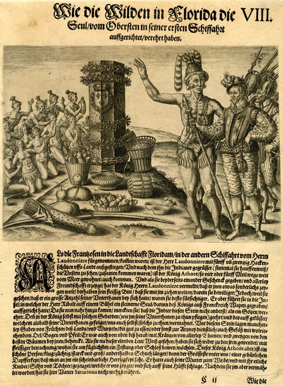 Plate VIII: The Natives of Florida Worship the Column Erected by the Commander on his First Voyage, by Theodor de Bry (ca. 1591) 