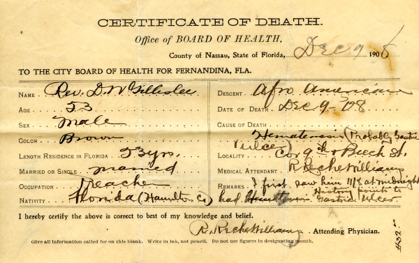 Gillislee, Rev. D.W. death certificates