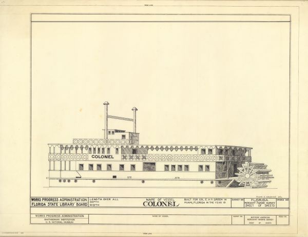 Drawing of the Steamboat Colonel, ca. 1938