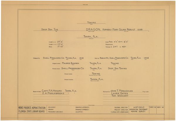 Cover Sheet for Drawings of the Deep Sea Tug Dragon, ca. 1938