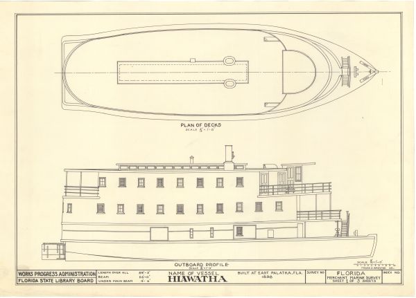 Technical Drawings of the Steamboat Hiawatha, ca. 1938