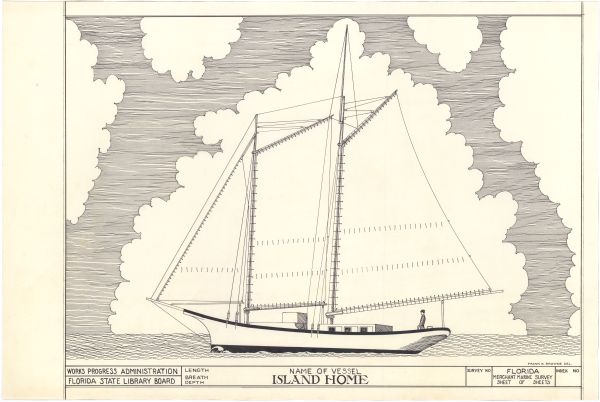 Drawing of the Schooner Island Home, ca. 1938