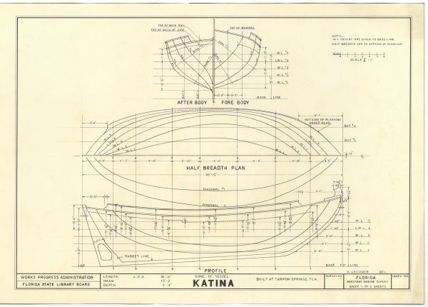 Technical Drawings of the Sponging Yawl Katina, ca. 1938