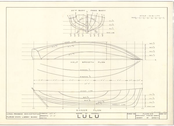 Technical Drawing of the Sloop Lulu, ca. 1938