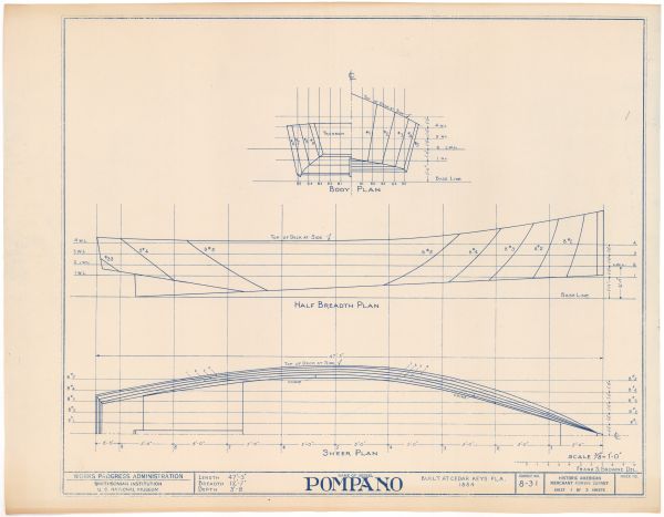 Technical Drawings of the Schooner Pompano, ca. 1938