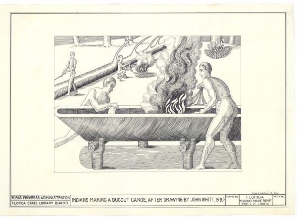 Drawing of Indians Making a Dugout Canoe, After a 1585 Drawing by John White, ca. 1938