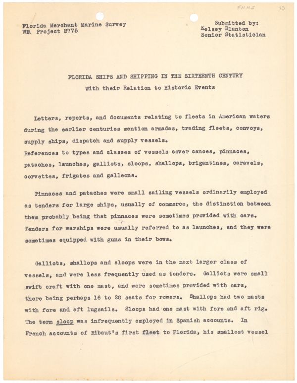 Florida Ships and Shipping in the Sixteenth Century by Kelsey Blanton, ca. 1938