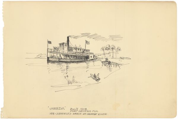 Sketch of the Steamboat Uneeda by Philip Ayer Sawyer, 1938