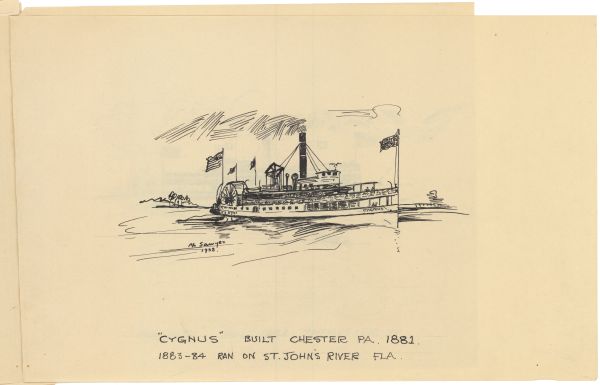 Sketch of the Steamboat Cygnus by Philip Ayer Sawyer, 1938