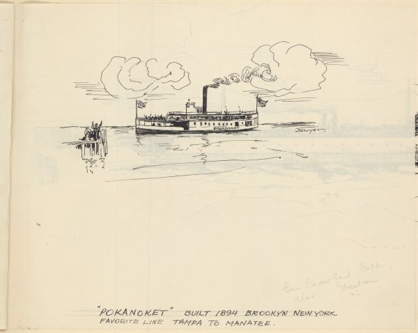 Sketch of the Steamboat Pokanoket by Philip Ayer Sawyer, 1938