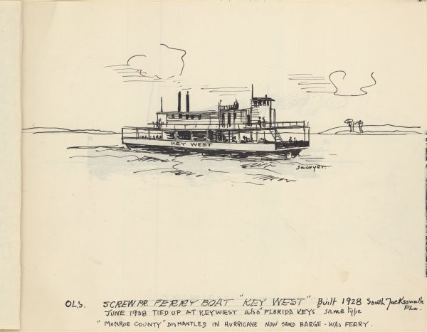 Sketch of the Ferry Boat Key West by Philip Ayer Sawyer, 1938