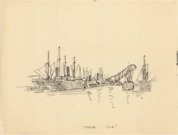 Sketch of Ships in Tampa Bay by Philip Ayer Sawyer, 1938