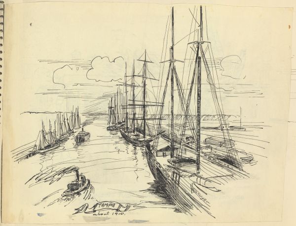 Sketch of Ships Moored in Tampa Bay by Philip Ayer Sawyer, 1938