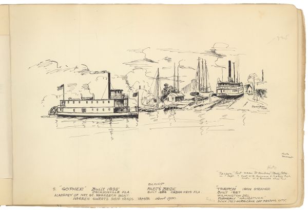 Sketch of the Steamers Gopher and Tarpon and the Sloop Pirate's Pride by Philip Ayer Sawyer, 1938