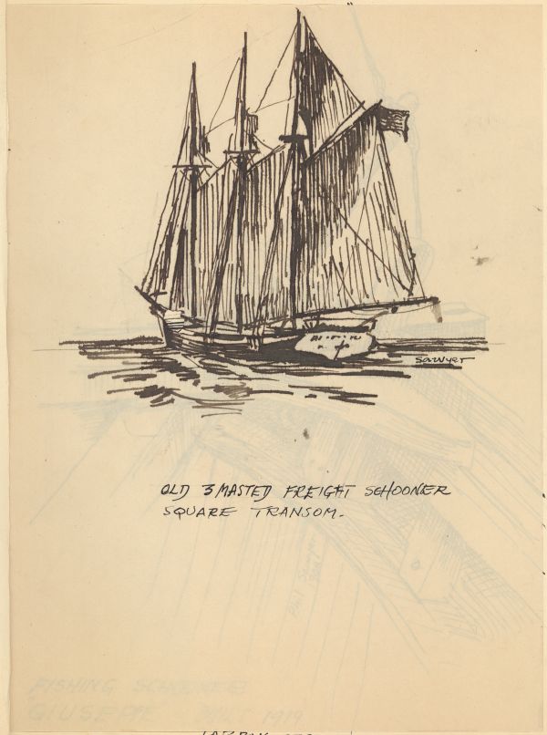 Sketch of a Three-Masted Freight Schooner by Philip Ayer Sawyer, 1938