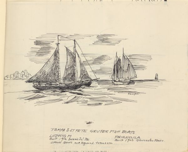 Sketch of Fishing Boats Ludwig M. and Phianoula by Philip Ayer Sawyer, 1938