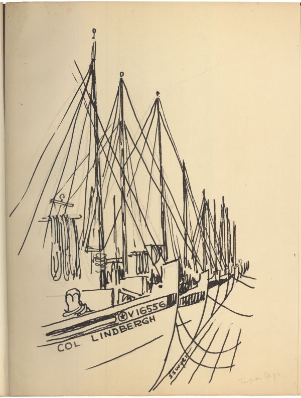 Sketch of the Colonel Lindbergh and Other Ships in Harbor by Philip Ayer Sawyer, 1938