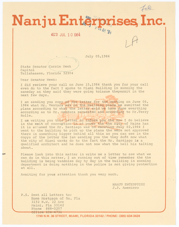 Letter from J.J. Ameniero of Nanju Enterprises to State Senator Carrie Meek Regarding a Building in Miami, July 5, 1984