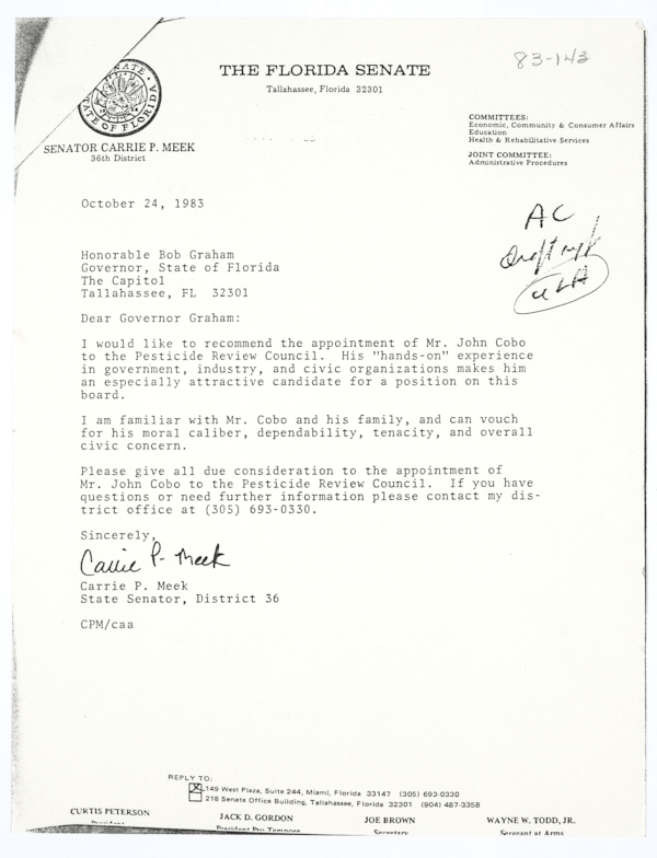 Letter from State Senator Carrie Meek to Governor Bob Graham Recommending John Cobo Be Appointed to Florida's Pesticide Review Council, October 24, 1985