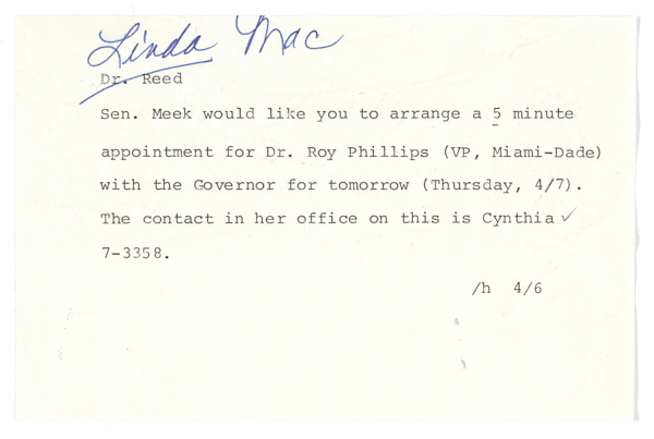 Office Notes Regarding a Meeting Between Governor Bob Graham and Dr. Roy Phillips of Miami-Dade College, 1983