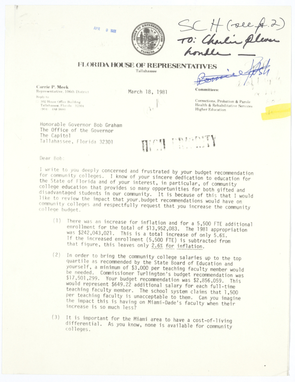 Letter from State Representative Carrie Meek to Governor Bob Graham Regarding His Budget Recommendations for Community Colleges, March 18, 1981