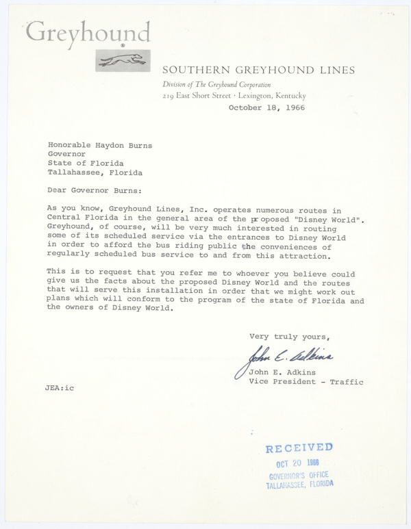 Letter from John E. Adkins to Governor Haydon Burns Regarding Greyhond Bus Service for Walt Disney World, with Governor Burns' Response, 1966