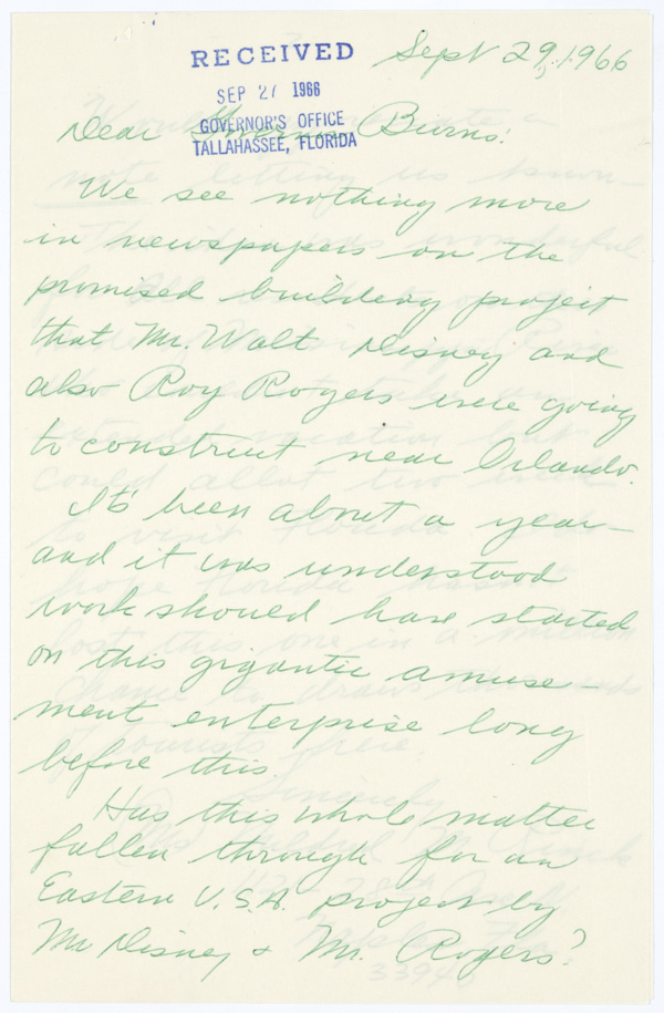 Letter from Mildred Rinck to Governor Haydon Burns Regarding Walt Disney World, with Burns' Response, 1966