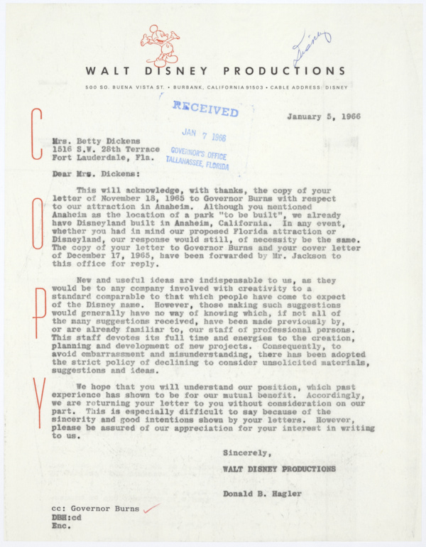 Letter from Walt Disney Productions Rejecting an Idea Submitted by Betty Dickens of Fort Lauderdale, January 5, 1966