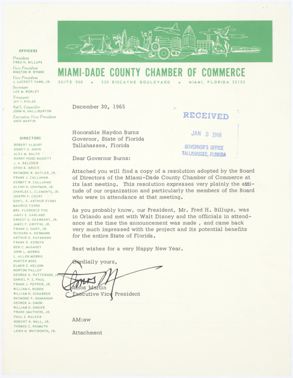 Resolution of the Miami-Dade County Chamber of Commerce Welcoming Walt Disney's New Project in Florida, November 30, 1965