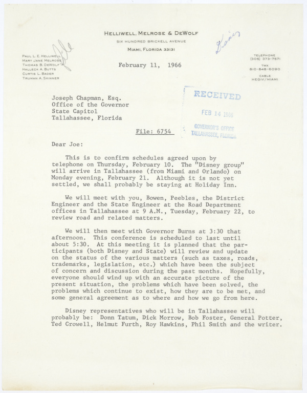 Letter from Disney Representative Paul Helliwell Ascertaining the Itinerary for a Visit by Disney Officials to Tallahassee, February 11, 1966