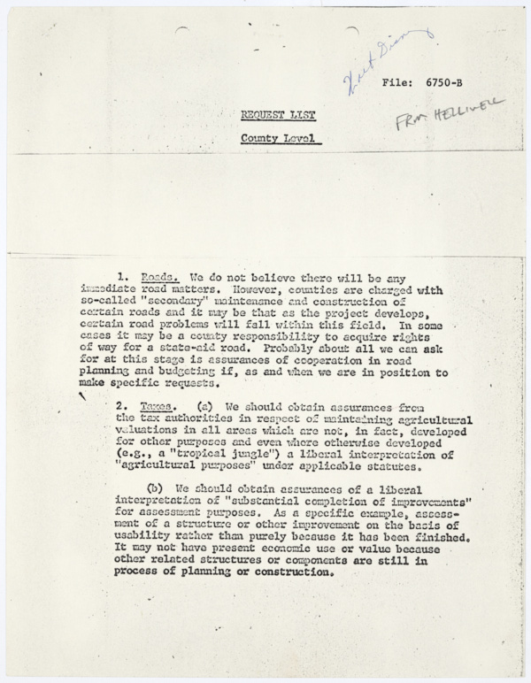 Memorandum Outlining Disney's Requests from State and County Governments to Facilitate the Construction of Walt Disney World, 1966