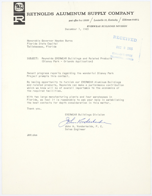 Letter from John W. Vonderheide to Governor Haydon Burns Asking for Help Establishing Contacts with Disney, December 7, 1965