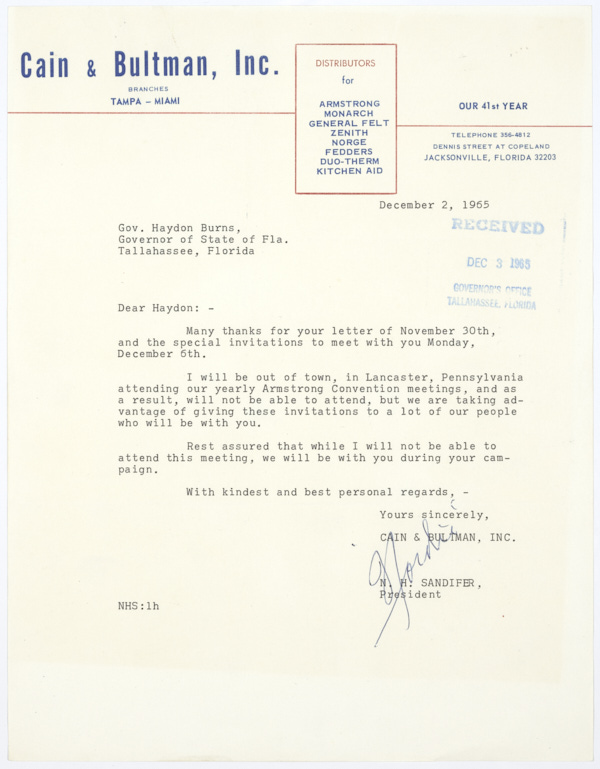 Letter from N.H. Sandifer to Governor Haydon Burns Regarding a Meeting, December 2, 1965