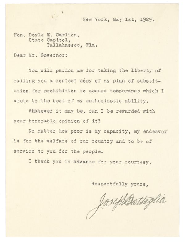 Correspondence Between Joseph Battaglia and Governor Doyle Carlton Regarding Prohibition, 1929