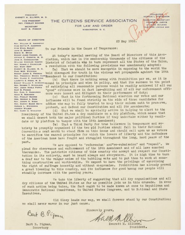 Letter from Everett M. Ellison of the Citizens Service Association in Washington, D.C. to Governor Doyle Carlton Regarding Prohibition, May 23, 1932