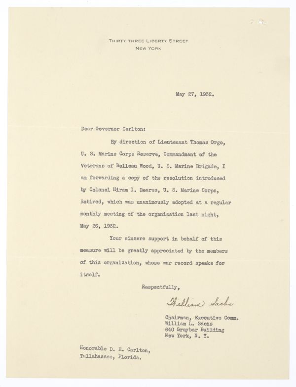 Correspondence Regarding a Resolution of the Veterans of Belleau Wood Calling for the Repeal of the 18th Amendment, 1932