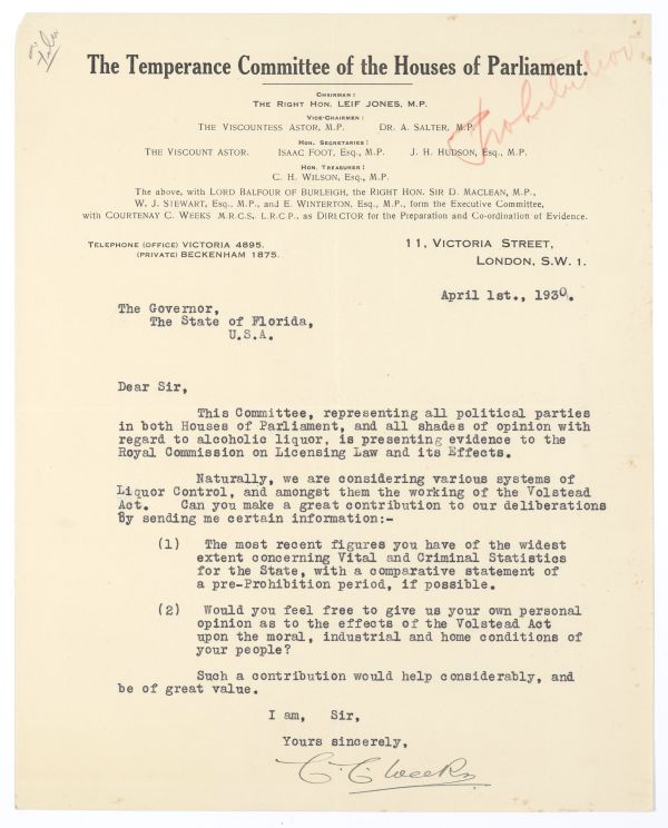 Letter from Courtenay C. Weeks of the Temperance Committee of the Houses of Parliament to Governor Doyle Carlton Regarding Prohibition, April 1, 1930