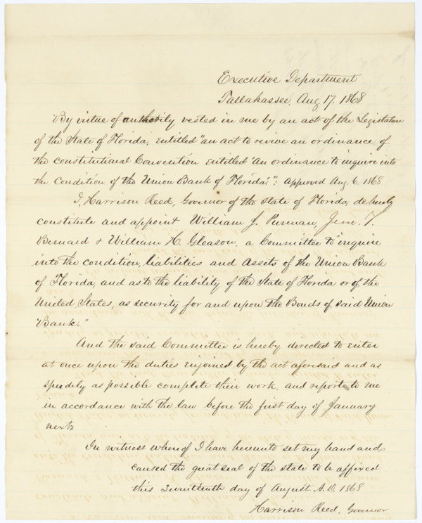 Proclamation by Governor Harrison Reed Appointing a Committee to Investigate the Assets and Liabilities of the Union Bank of Florida, August 17, 1868