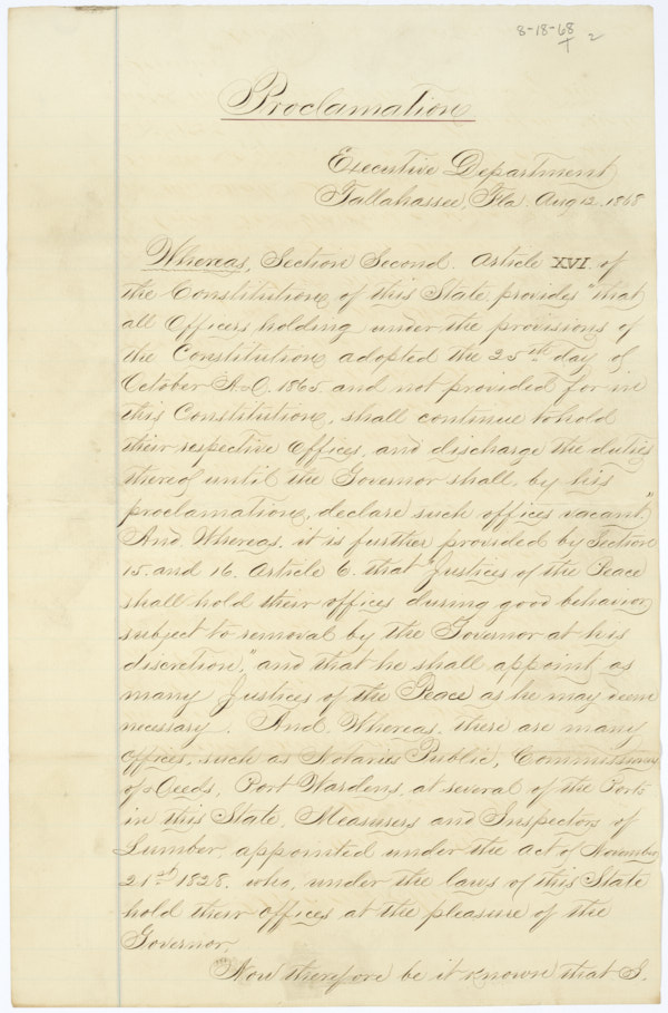 Proclamation by Governor Harrison Reed Declaring All Offices Existent Under the Constitution of 1865 Vacant, August 18, 1868