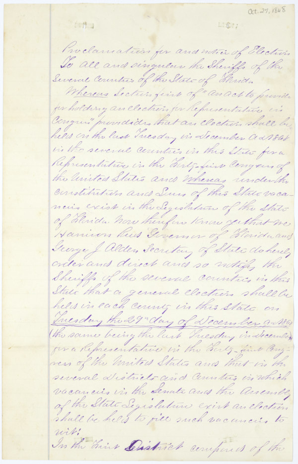 Proclamation by Governor Harrison Reed and Secretary of State George J. Alden Announcing an Upcoming Election for State Legislators, Members of Congress and Other Offices, October 28, 1868