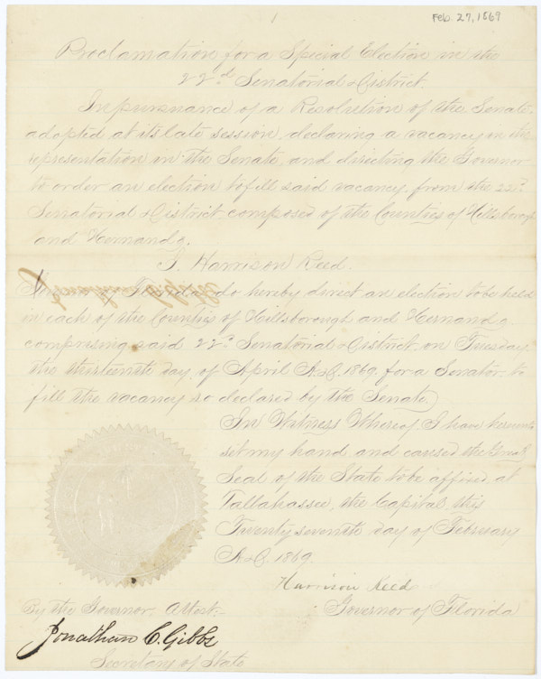 Proclamation by Governor Harrison Reed Calling a Special Election in Florida's 22nd Senatorial District, February 27, 1869