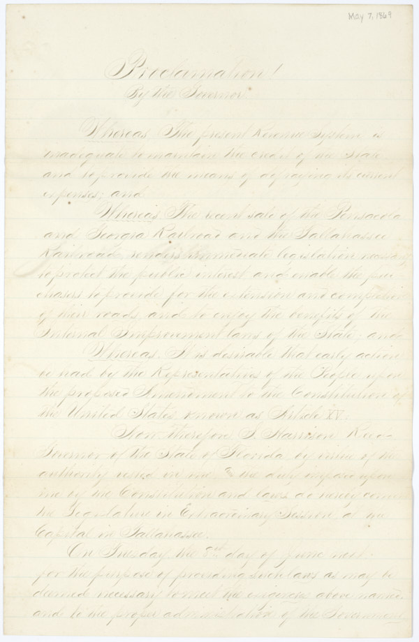 Proclamation by Governor Harrison Reed Calling a Special Session of the Legislature, May 7, 1869