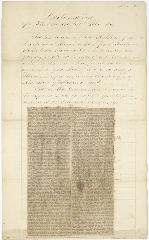 Proclamation by Governor Harrison Reed Calling for a Referendum on Whether Florida Would Transfer Portions of the Panhandle to Alabama, June 25, 1869